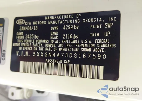 2013 Kia Optima Ex z USA, uszkodzony, nr VIN 5XXGN4A73DG167590